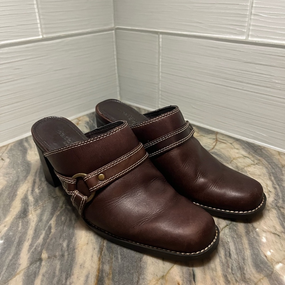 Womens Leather Brown Block Heels What's What by Aerosoles Clogs mules Size 6